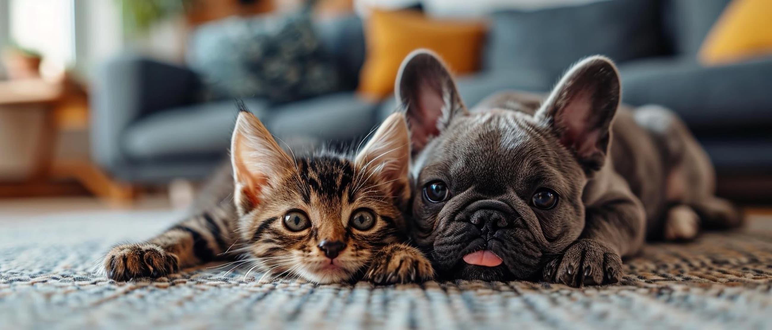 Un gatito y un bulldog francés echados juntos en la alfombra del living