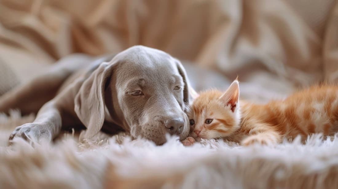 Perro y gatito durmiendo juntos sobre una alfombra clara